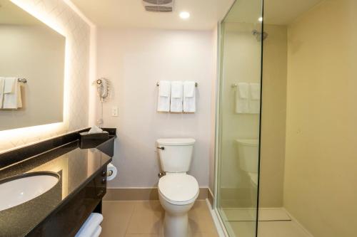 a bathroom with a toilet and a sink and a shower at Comfort Inn & Conference Centre Toronto Airport in Toronto