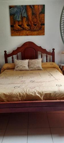 1 cama con cabecero de madera y una pintura en la pared en Departamento Arroyito - Alquiler temporario en SANTA ROSA DE CALAMUCHITA en Santa Rosa de Calamuchita