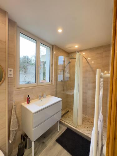 a bathroom with a white sink and a shower at Magnifique maison entière, meublée tout confort et son jardin clos privé in Villeblevin