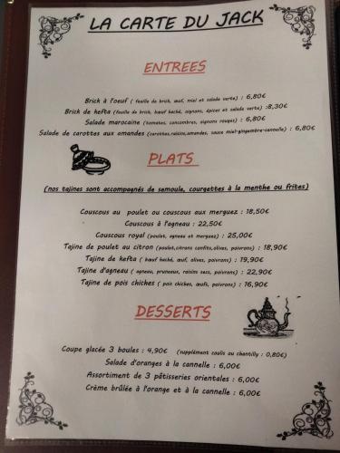 a menu for the la carte du back restaurant at le jack in Mont-sous-Vaudrey