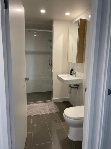 a bathroom with a toilet and a sink and a shower at Views and Vibes - Free Parking - great location! in Brisbane