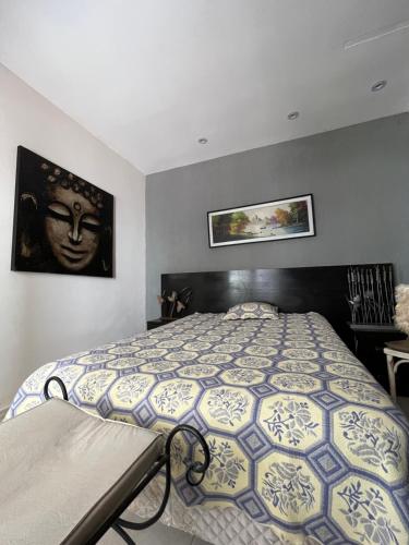a bedroom with a bed with a blue and white comforter at Bonita Pampa in Santa Rosa