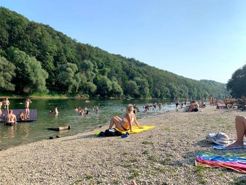 a group of people sitting on the shore of a river at Holiday home with hot tube, near the river in Pokupsko