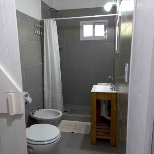 a bathroom with a toilet and a sink and a shower at Alamo in Pinamar