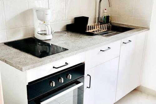 een witte keuken met een wastafel en een fornuis bij Le chic appartement de Gagny/parking gratuit in Gagny