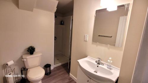 een badkamer met een toilet, een wastafel en een spiegel bij Home away from home - 6 bedroom fantastic bungalow in Winnipeg