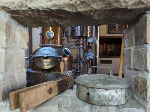 a kitchen with a large pot and a stove at Brauereigasthof Dachsenfranz in Zuzenhausen
