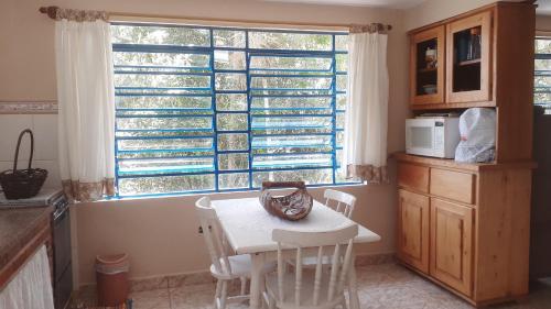 a kitchen with a table and chairs and a window at Kitnet em meio à mata Atlântica in Juquitiba