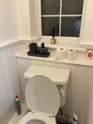 a white bathroom with a toilet and a window at Maye house 