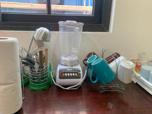 a kitchen counter with a blender and other kitchen utensils at Q´ojoom Jaay in San Juan La Laguna