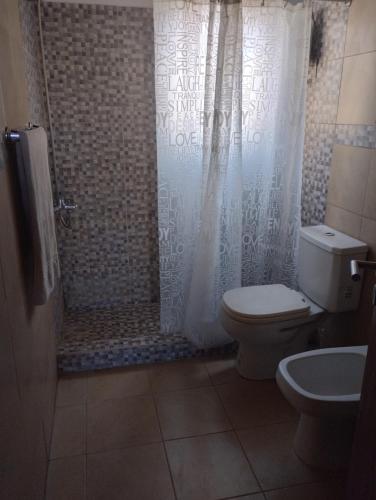 ein Badezimmer mit Dusche, Toilette und Waschbecken in der Unterkunft Maraja in Mar de Ajó