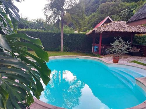 a blue swimming pool in a yard with a house at Vacation house in Tahiti in Punaauia