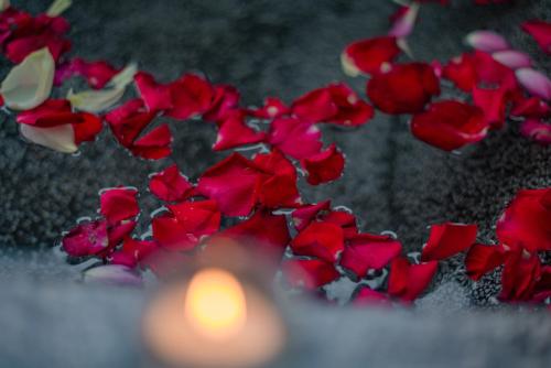 a bunch of red roses sitting next to a candle at Cambana Poipet Hotel in Krong Poi Pet