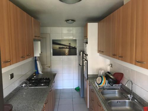 a small kitchen with a sink and a stove at Habitación Bosques de la Pirámide in Santiago