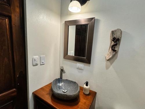 a bathroom with a sink and a mirror on a counter at Brahman Bungalows on Pavones Point in Pavones