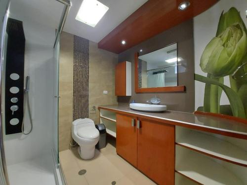 ein Bad mit einem WC, einem Waschbecken und einer Dusche in der Unterkunft Apart Hotel Atenea in Ilo