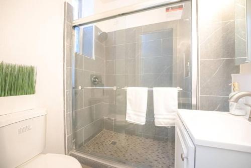 La salle de bains est pourvue d'une douche, de toilettes et d'un lavabo. dans l'établissement Luxury NY Home close to NYC!, à Yonkers