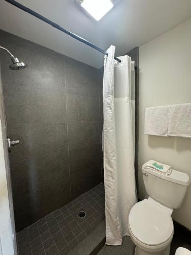uma casa de banho com um WC branco e um chuveiro em Eagle Inn em Gun Barrel City