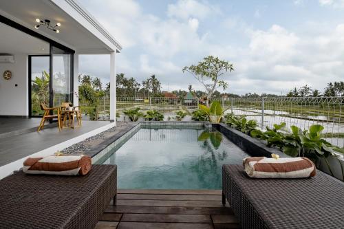 a swimming pool in a villa with two benches at Van Sheva Ubud Villa in Ubud