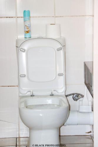 a bathroom with a white toilet with a blue bottle on top at Meet Mekaar Resorts - Nquthu Hotel in Nqutu