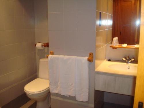 a bathroom with a toilet and a sink with towels at San Glorio in Llánaves de la Reina