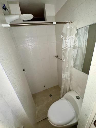 ein kleines Bad mit einem WC und einer Dusche in der Unterkunft Castellares La Puebla Habitación y estudio en el centro in Ayacucho