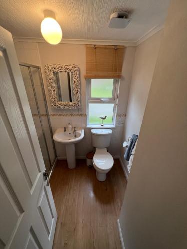 a bathroom with a toilet and a sink and a window at Waterside Lodge, Weybourne, Holt in Weybourne