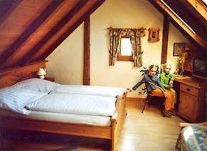 Zwei Kinder sitzen in einem Schlafzimmer im Dachgeschoss in der Unterkunft Landhotel Schwärzhof in Kulmbach