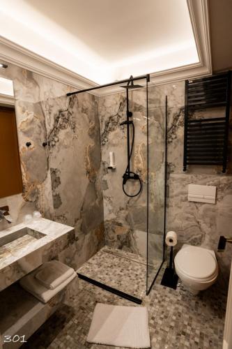 a bathroom with a shower and a toilet at Cosmopolita Boutique Hotel in Timişoara