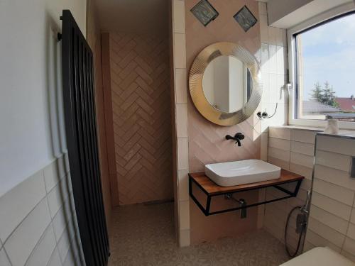 a bathroom with a sink and a mirror at Pokoj v rodinném domě Severní in České Budějovice