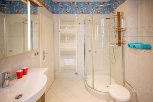een badkamer met een douche en een wastafel bij Admiral in Warnemünde