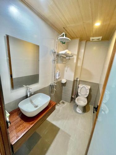 a bathroom with a sink and a toilet at Happy Hotel & Spa in Sapa