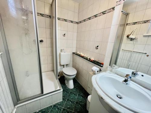 a bathroom with a toilet and a shower and a sink at Ferienhaus Buhne 26, strandnah in Warnemünde