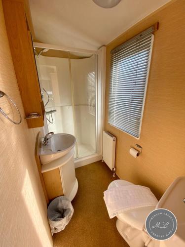 a small bathroom with a sink and a toilet at Palm Grove 132 - pet friendly, WiFi, central heating, close to shops and beach - Meadow Lakes Caravan & Lodge Hire in Chapel Saint Leonards