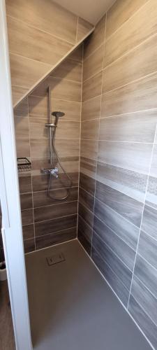 a bathroom with a shower with wooden walls at Aux Passagers de la Baie 3 in Le Crotoy