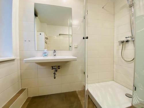 y baño con lavabo y ducha. en Landhaus Immenbarg, Lobby, en Warnemünde