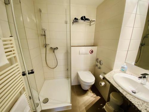 a bathroom with a shower and a toilet and a sink at Landhaus Immenbarg, Seeteufel in Warnemünde