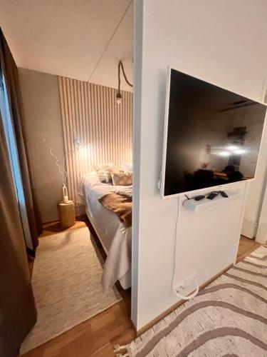 a bedroom with a bed and a flat screen tv at 2 Room / Central Railway / Free parking in Seinäjoki