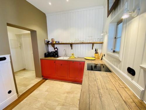 uma cozinha com um lavatório e um armário vermelho em Strandpalais/Lee em Warnemünde