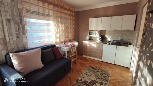 a living room with a couch and a kitchen at Apartman Edit in Hark&aacute;ny