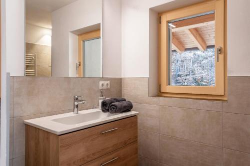 a bathroom with a sink and a mirror at Reiterhof Apt Gaia in San Genesio Atesino