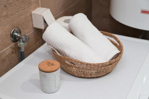 a basket of toilet paper on a bathroom sink at HILLSIDE Apartments in Žabljak
