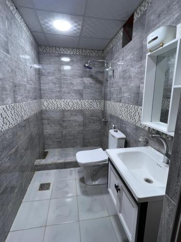 y baño con aseo, lavabo y ducha. en Rozan Luxury Camp Wadi Rum en Wadi Rum