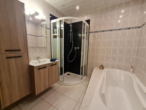 a bathroom with a shower and a tub and a sink at Gasthuis In't Stad in Nieuwpoort