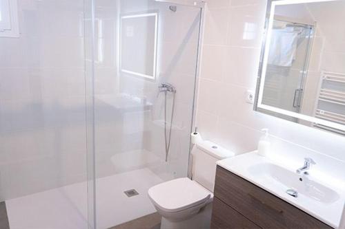 Un baño con ducha, inodoro y lavabo. en Casa La Venta, en Campo de Criptana