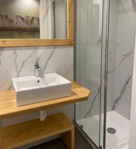 a bathroom with a sink and a shower at El Ladinia Someda in Moena