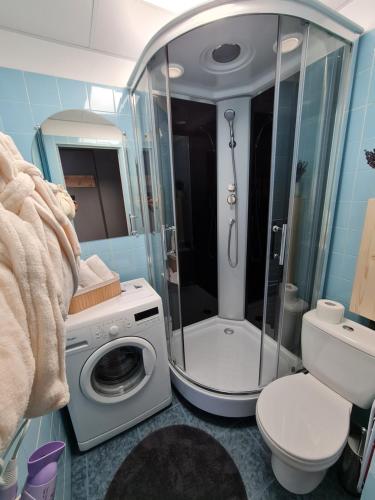 a bathroom with a shower and a washing machine at The sunny willow apartments in Liepāja