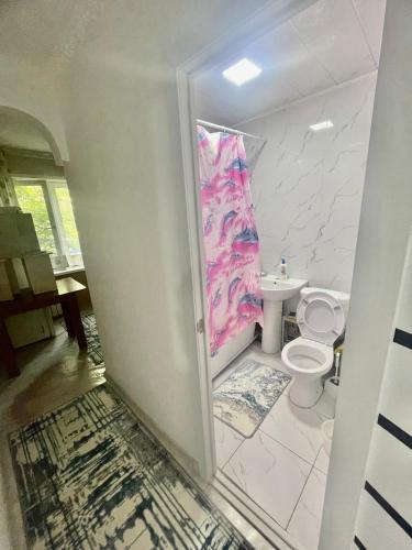 een badkamer met een toilet en een wastafel bij Чудесный квартира in Alma-Ata