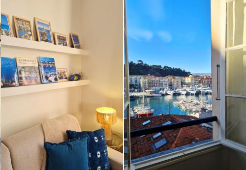 a room with a window with a view of a marina at Nestor&Jeeves - REVE BLEU - View Port - BALCONY in Nice