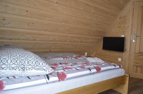 a bed in a wooden room with a tv at Willa Pod Lasem in Biały Dunajec